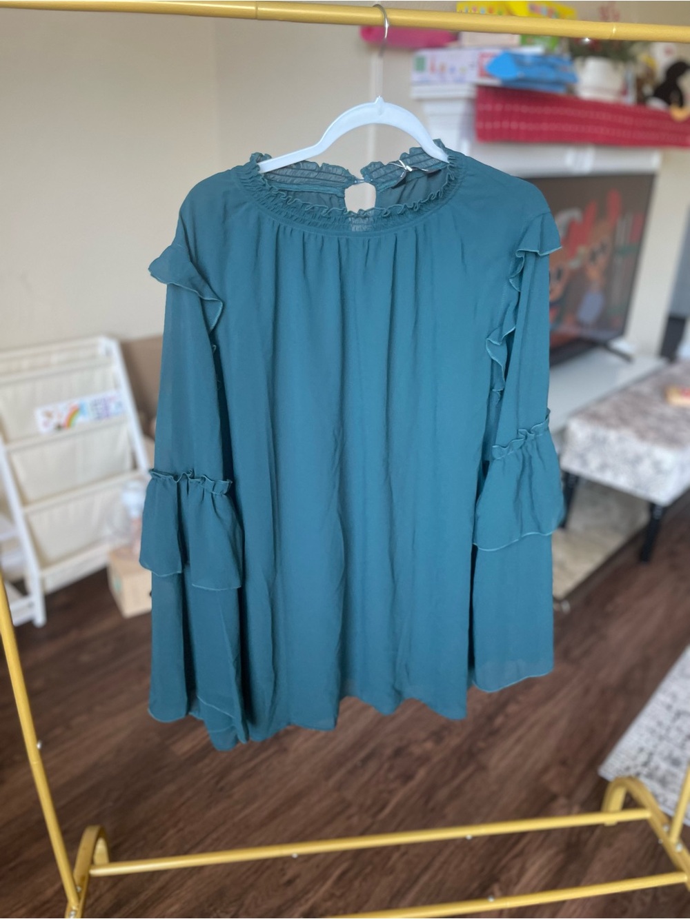BloomChic Teal Ruffled Long-Sleeve Blouse